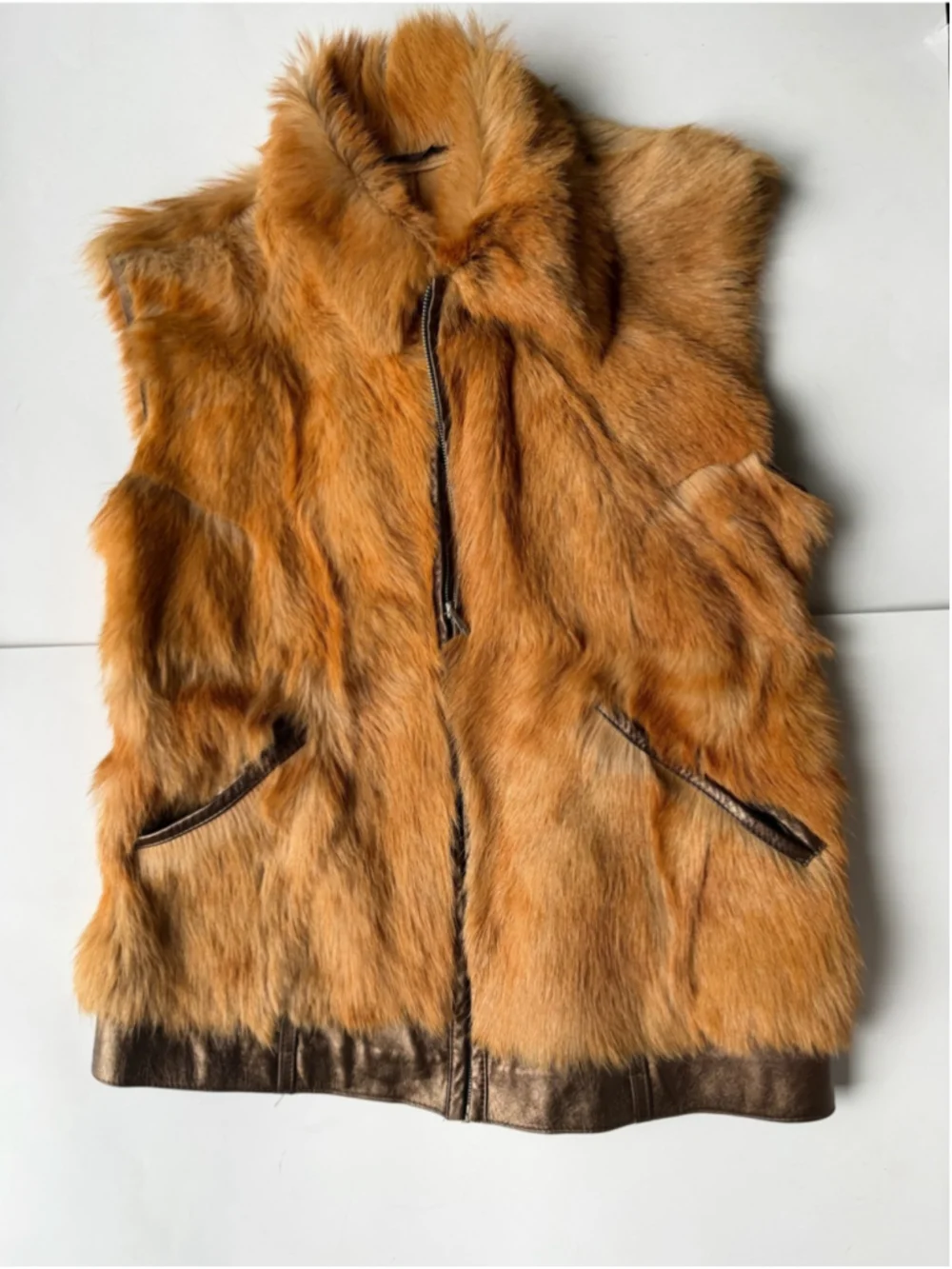 Vintage Genuine Fur Leather Trim Vest Brown Caramel Statement Gilet